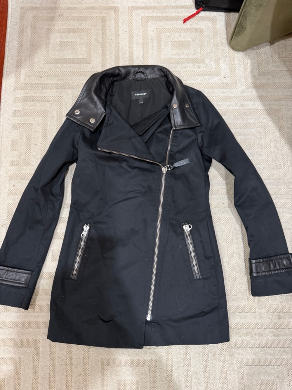 Mackage Black Trench Coat with Leather Trim